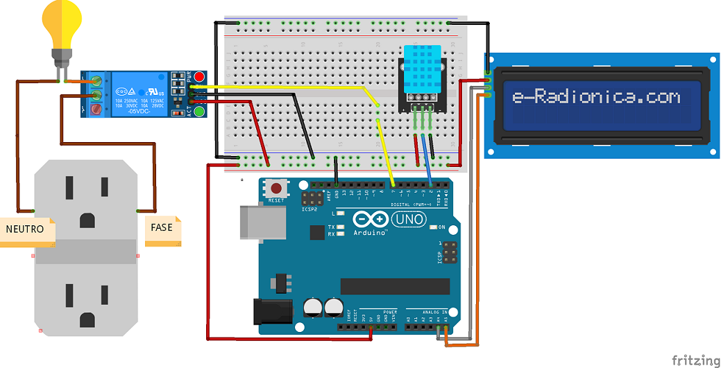 Diagrama de conexión de un sensor DHT11, una pantalla LCD I2C y un módulo de relé